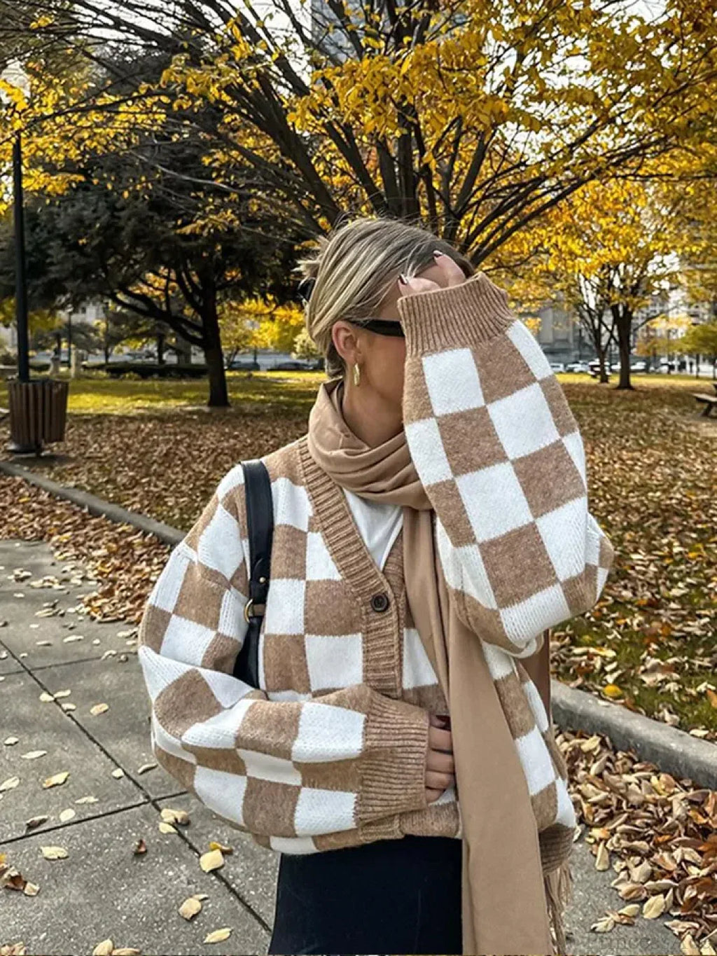 V-Neck Square Printed Color Block Cardigan