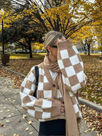 V-Neck Square Printed Color Block Cardigan