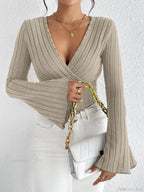 V-Neck Striped Long Sleeve Knit Sweater