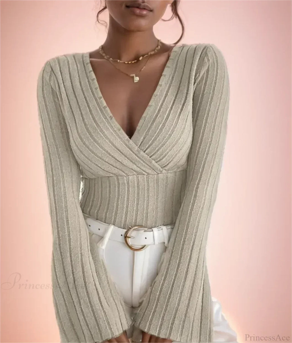 V-Neck Striped Long Sleeve Knit Sweater