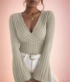 V-Neck Striped Long Sleeve Knit Sweater