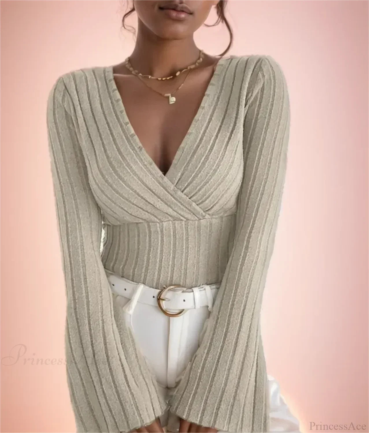V-Neck Striped Long Sleeve Knit Sweater