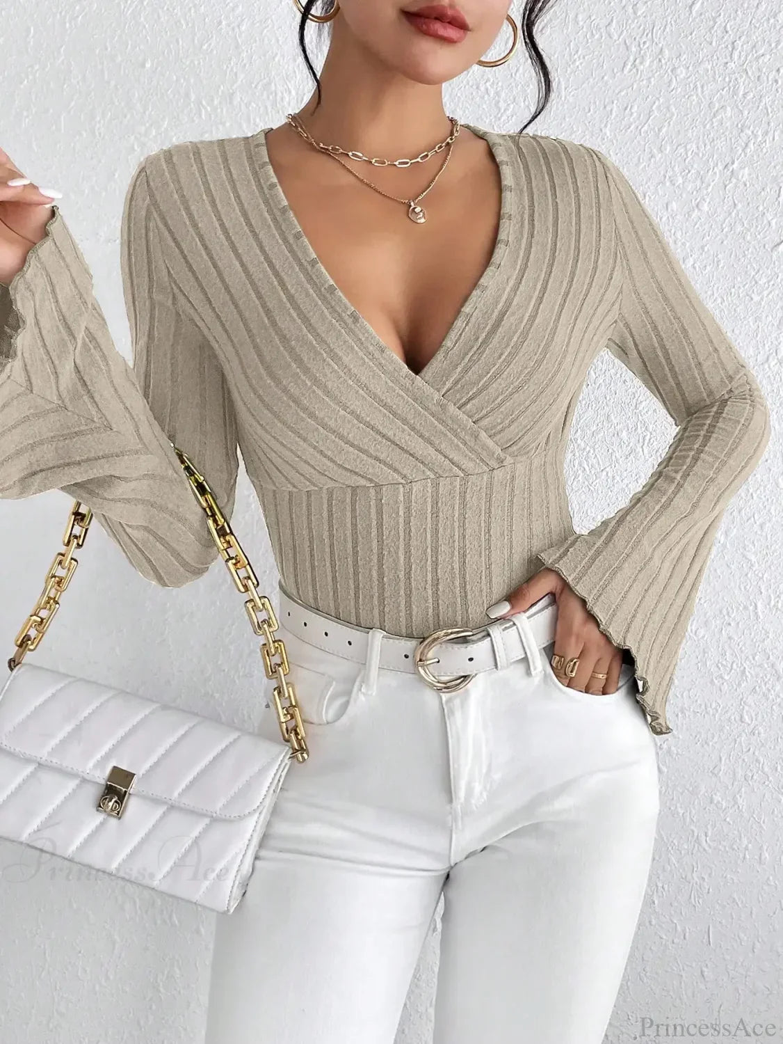 V-Neck Striped Long Sleeve Knit Sweater
