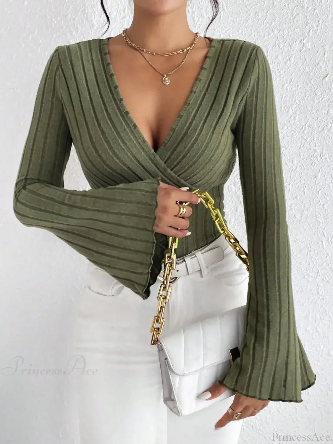 V-Neck Striped Long Sleeve Knit Sweater