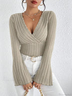 V-Neck Striped Long Sleeve Knit Sweater