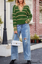 V-Neck Striped Sweater With Lapel