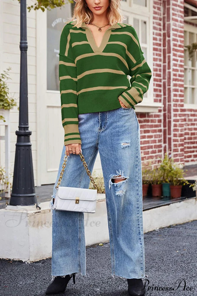 V-Neck Striped Sweater With Lapel