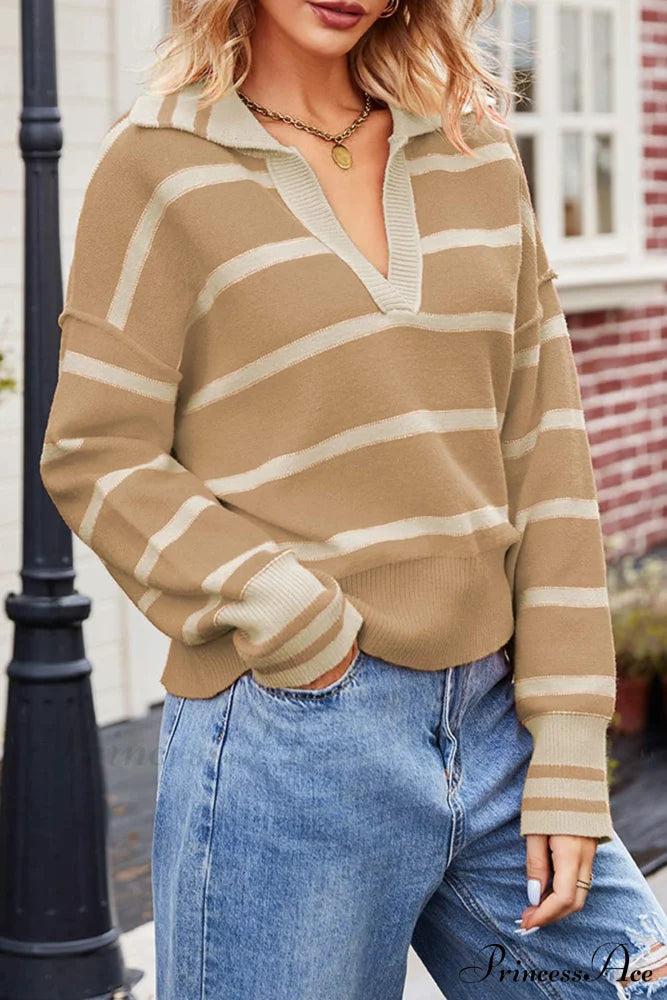 V-Neck Striped Sweater With Lapel