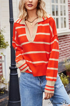 V-Neck Striped Sweater With Lapel