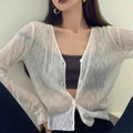 V-Neck Thin Long Sleeve Sunscreen Casual Black White Cardigan