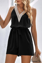 V Neck Tie-Waist Rompers With Lacework