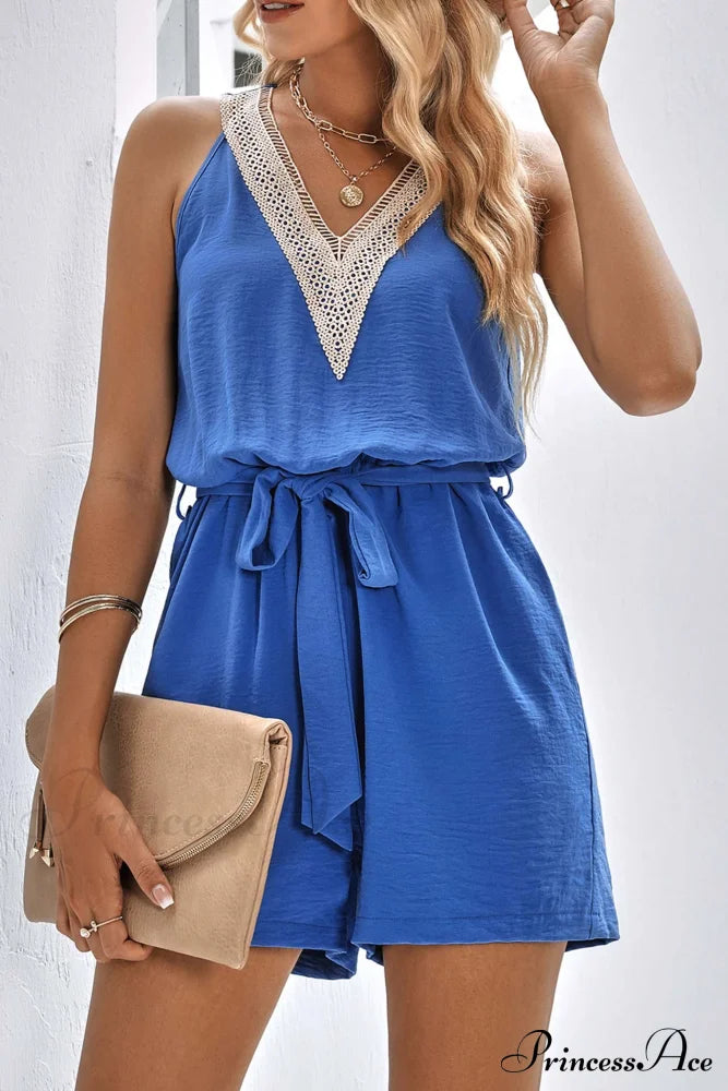 V Neck Tie-Waist Rompers With Lacework