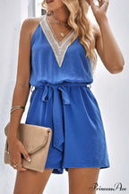 V Neck Tie-Waist Rompers With Lacework