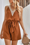 V Neck Tie-Waist Rompers With Lacework