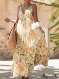 Vacation Casual Loose Tie-Dye Floral Trendy V-Neck Waist Slimming Midi Dress