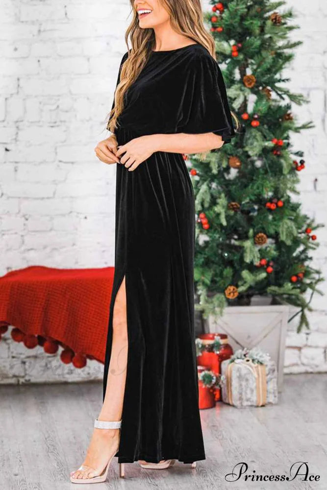 Velvet Crew Neck Midi Dress With High Slit