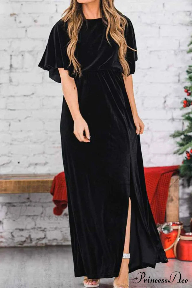 Velvet Crew Neck Midi Dress With High Slit
