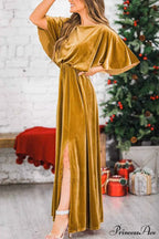 Velvet Crew Neck Midi Dress With High Slit