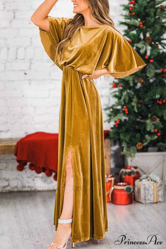 Velvet Crew Neck Midi Dress With High Slit