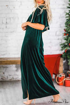 Velvet Crew Neck Midi Dress With High Slit