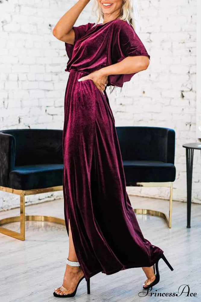 Velvet Crew Neck Midi Dress With High Slit