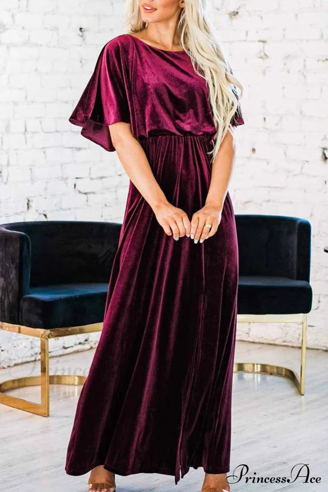 Velvet Crew Neck Midi Dress With High Slit