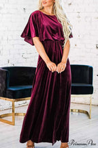 Velvet Crew Neck Midi Dress With High Slit