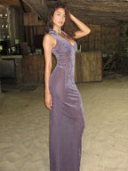 Velvet Perspective Turn-Down Collar Vacation Dress