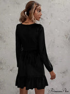 Velvet Ruffled Dress With Deep V-Neck And Puff Sleeves