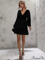 Velvet Ruffled Dress With Deep V-Neck And Puff Sleeves