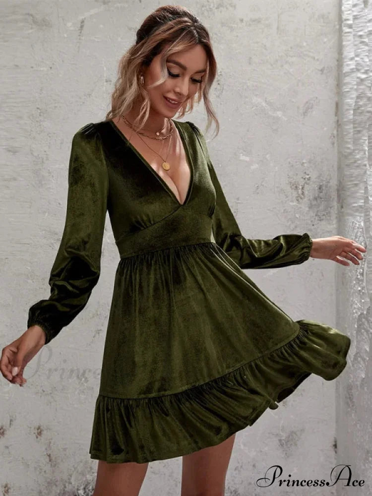 Velvet Ruffled Dress With Deep V-Neck And Puff Sleeves