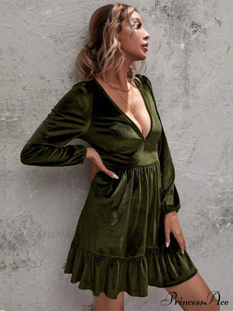 Velvet Ruffled Dress With Deep V-Neck And Puff Sleeves