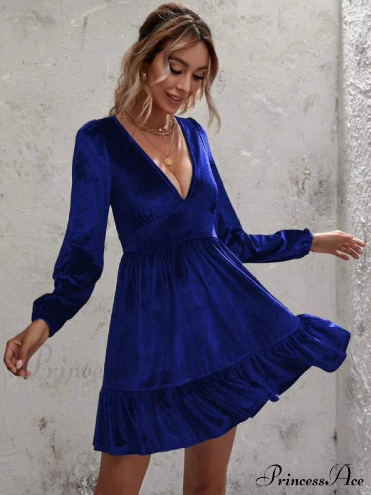 Velvet Ruffled Dress With Deep V-Neck And Puff Sleeves
