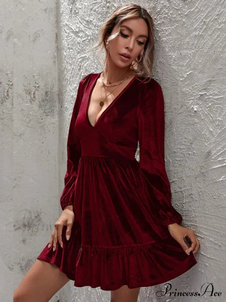 Velvet Ruffled Dress With Deep V-Neck And Puff Sleeves