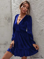 Velvet Ruffled Dress With Deep V-Neck And Puff Sleeves