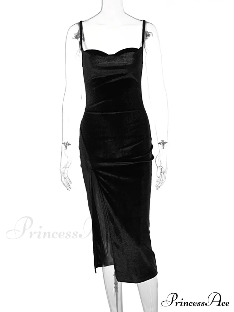 Velvet Swing Collar Sleeveless Slit Midi Dress