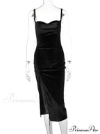 Velvet Swing Collar Sleeveless Slit Midi Dress