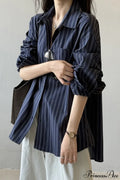 Vertical Stripe Long-Sleeve Cotton Loose Blouse