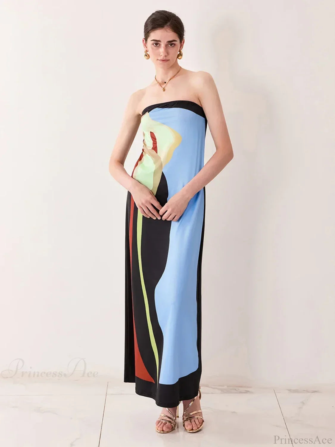 Vintage Abstract Floral Strapless Backless Loose Tube Top Dress