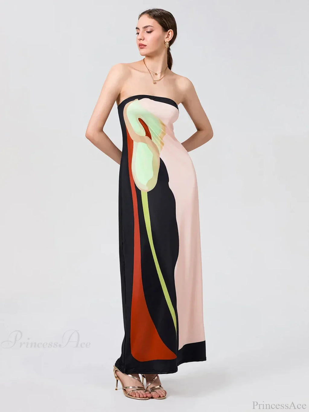 Vintage Abstract Floral Strapless Backless Loose Tube Top Dress