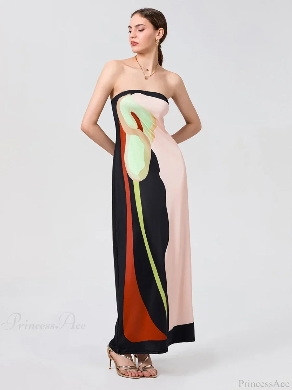 Vintage Abstract Floral Strapless Backless Loose Tube Top Dress