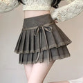Vintage Bow Pleated Pu Skirt