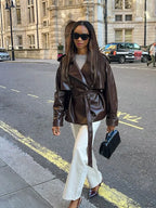 Vintage Brown Button Pu Leather Coat