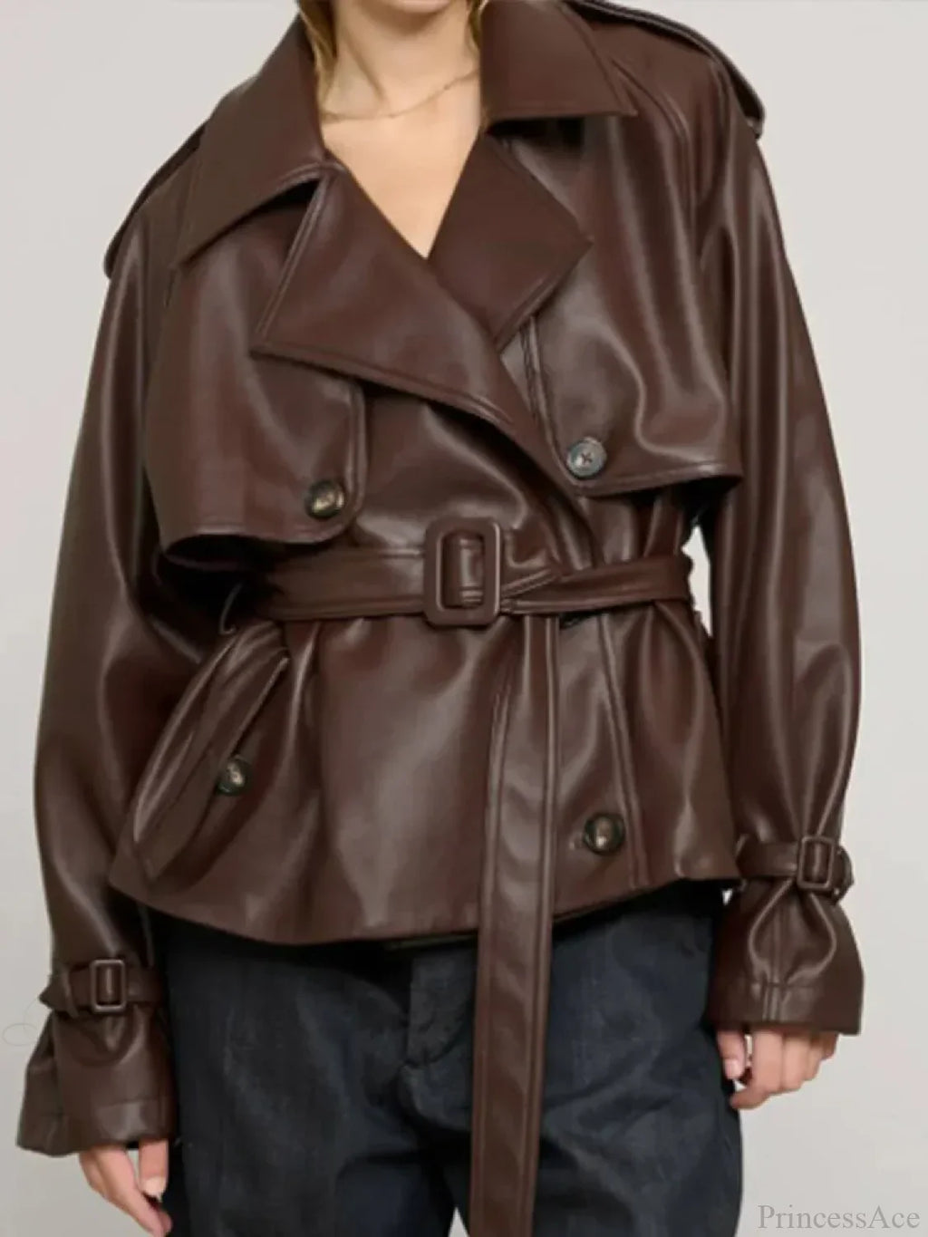 Vintage Brown Button Pu Leather Coat