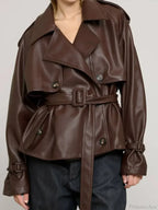 Vintage Brown Button Pu Leather Coat