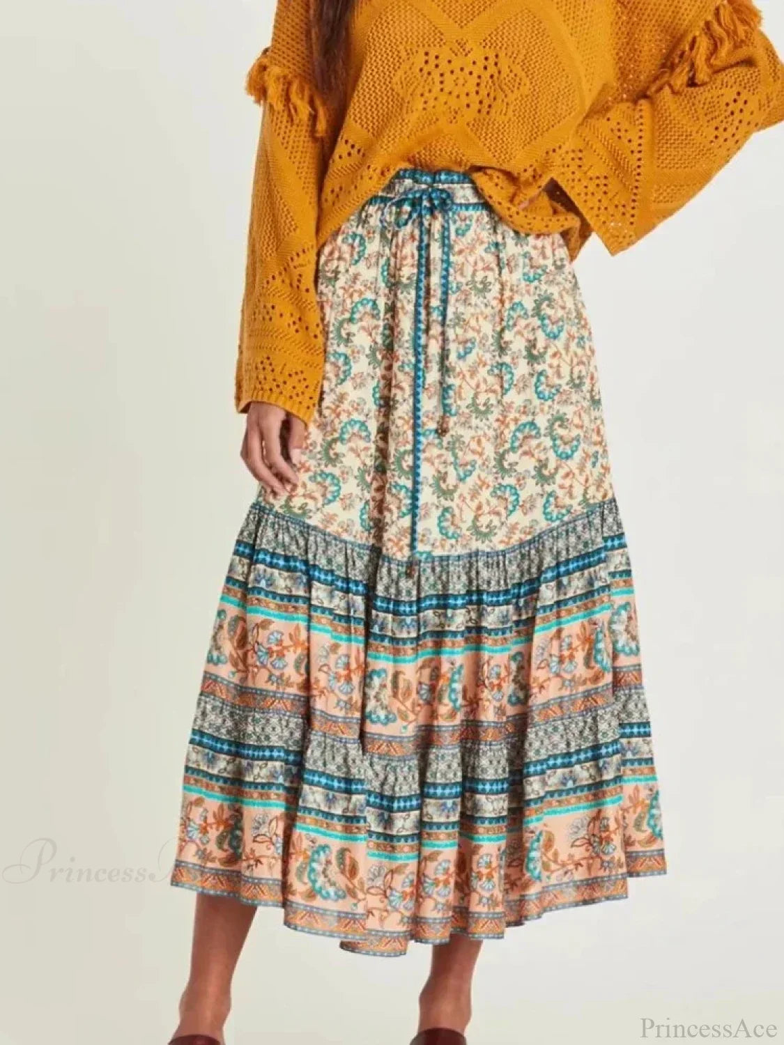 Vintage Hippie Floral Peacock Printed High Waist Rayon A-Line Midi Boho Skirt