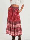 Vintage Hippie Floral Peacock Printed High Waist Rayon A-Line Midi Boho Skirt