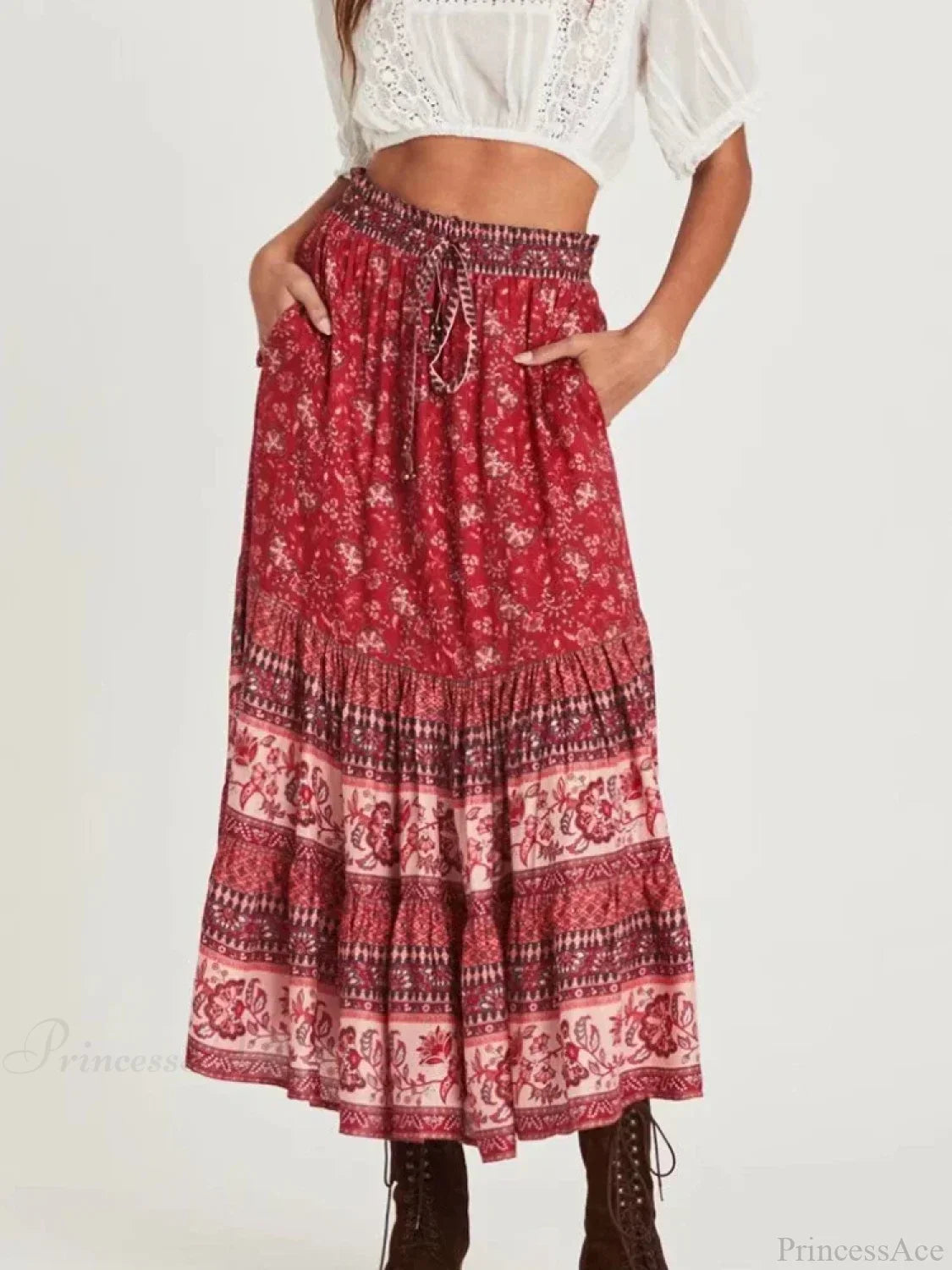Vintage Hippie Floral Peacock Printed High Waist Rayon A-Line Midi Boho Skirt