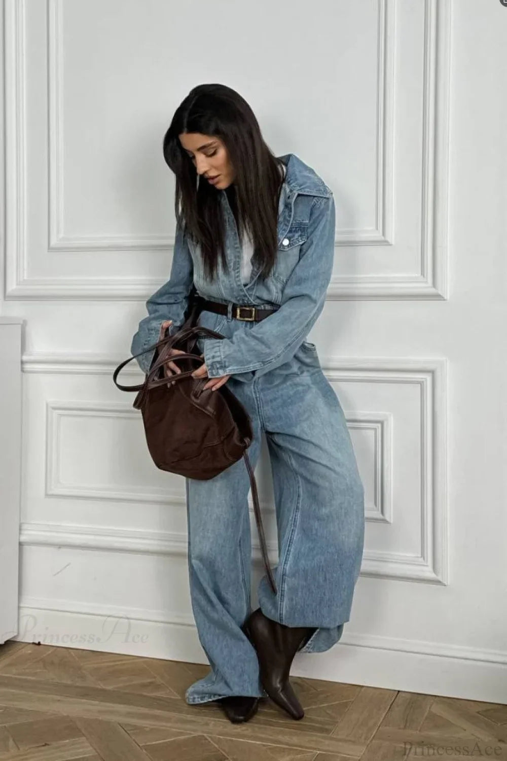 Vintage Denim Loose Long Pants Jumpsuit-Style Two Piece Set