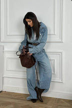 Vintage Denim Loose Long Pants Jumpsuit-Style Two Piece Set